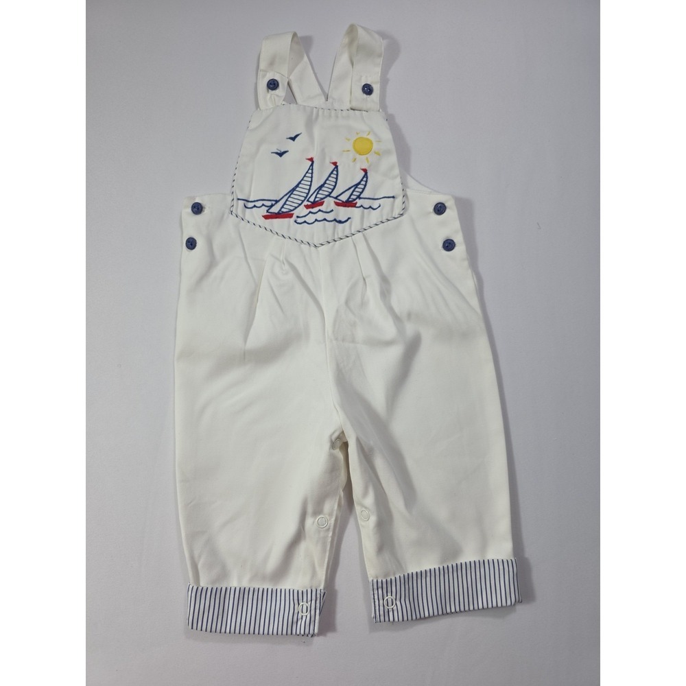 Vintage 1990s Baby Sailboat Nautical Overalls Romper 6-9M White